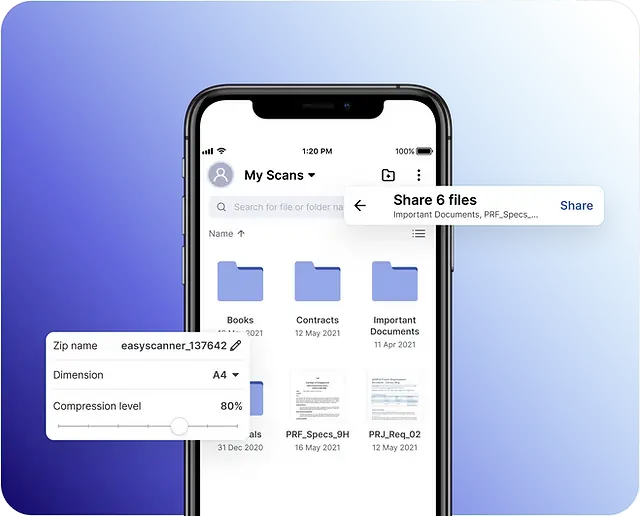 Easy Scanner file manager sharing and compressing scanned documents